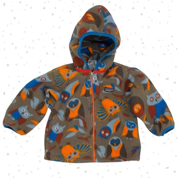Patagonia Synchilla Zip Up Owl Fleece Printed Jacket Blue Orange Brown Size 2T - Picture 1 of 10